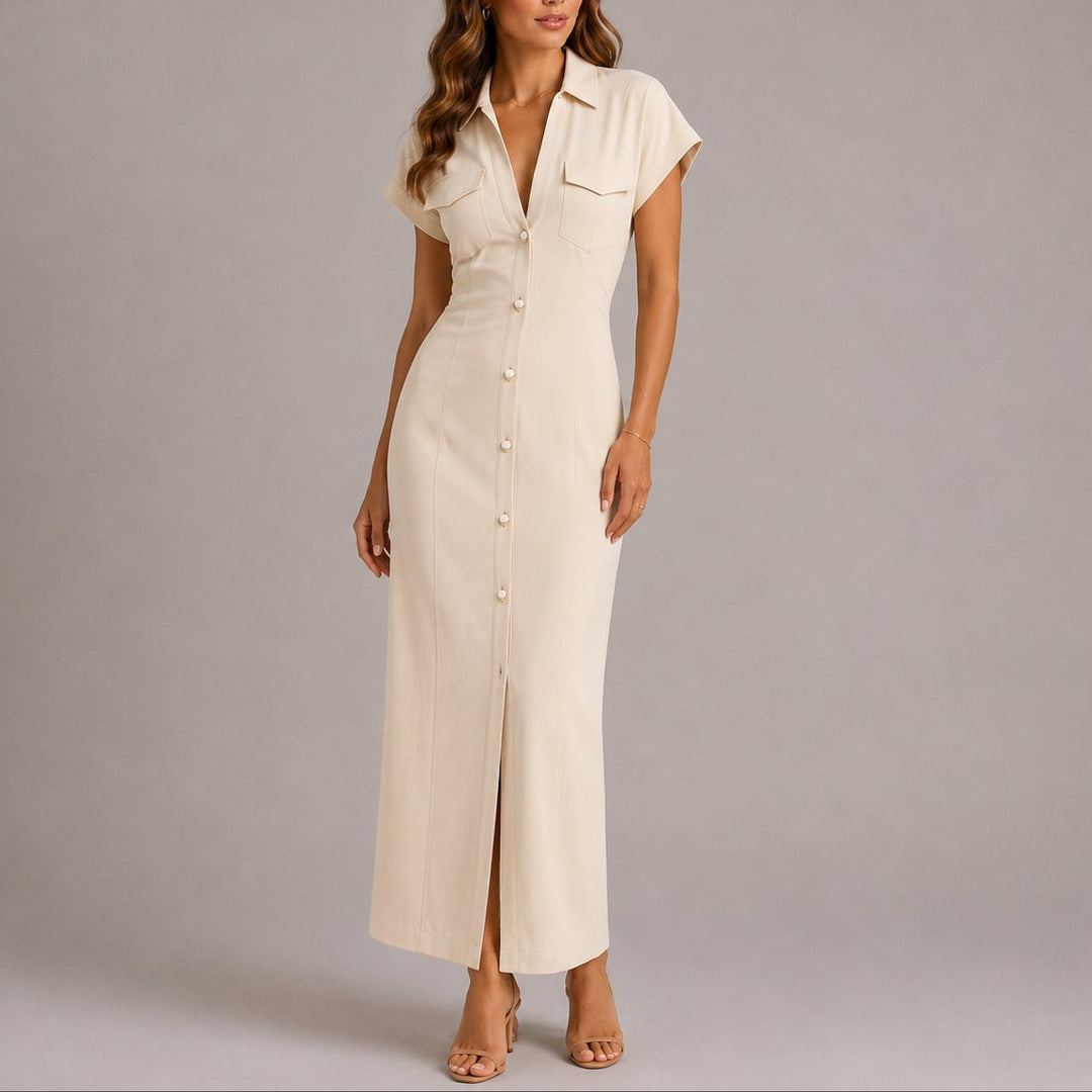 Damen Herbst Hochzeitsgast Maxi-Hemdblusenkleid figurbetont geknöpft - Beige
