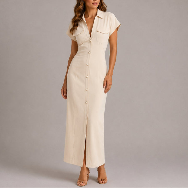 Damen Herbst Hochzeitsgast Maxi-Hemdblusenkleid figurbetont geknöpft - Beige