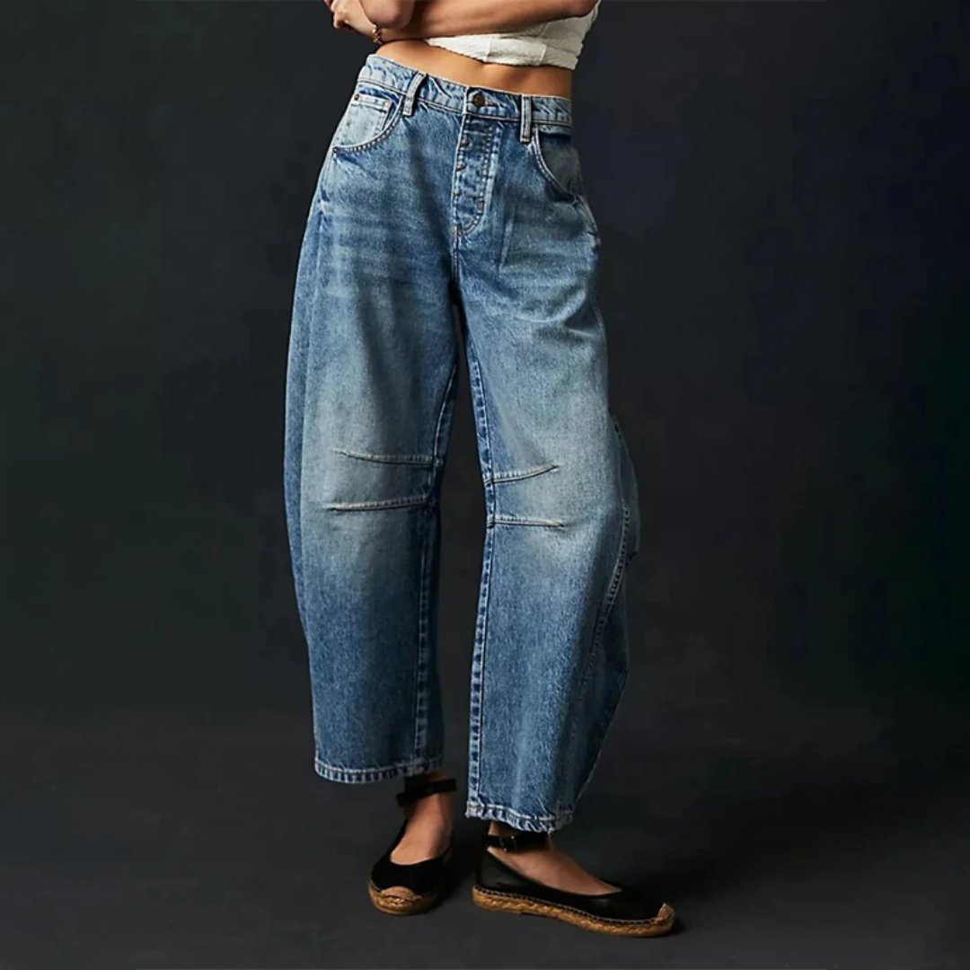 Damen High-Waist Barrel-Leg Relaxed-Fit Jeans - Dark Blue