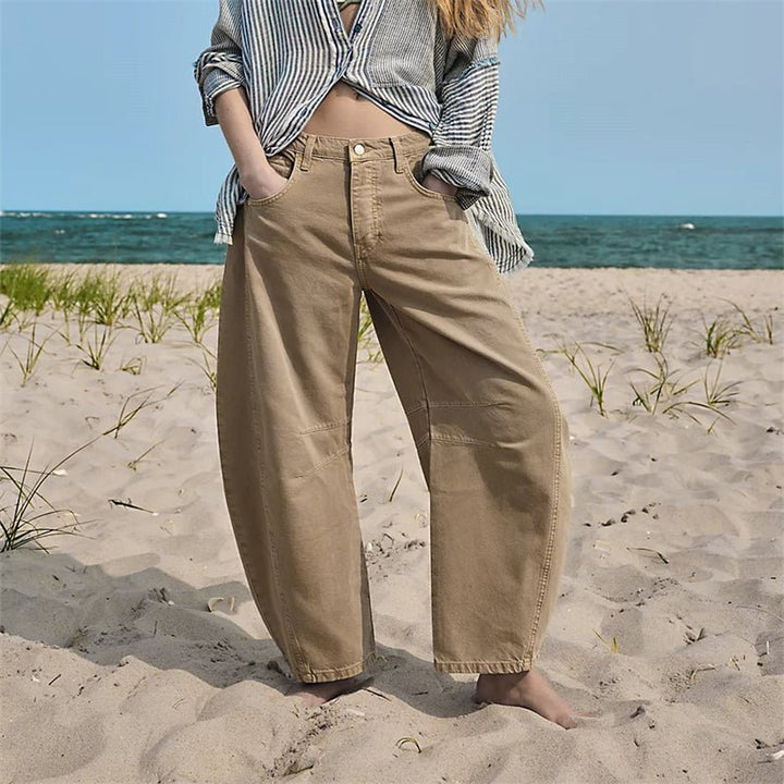 Damen High-Waist Barrel-Leg Relaxed-Fit Jeans - Beige