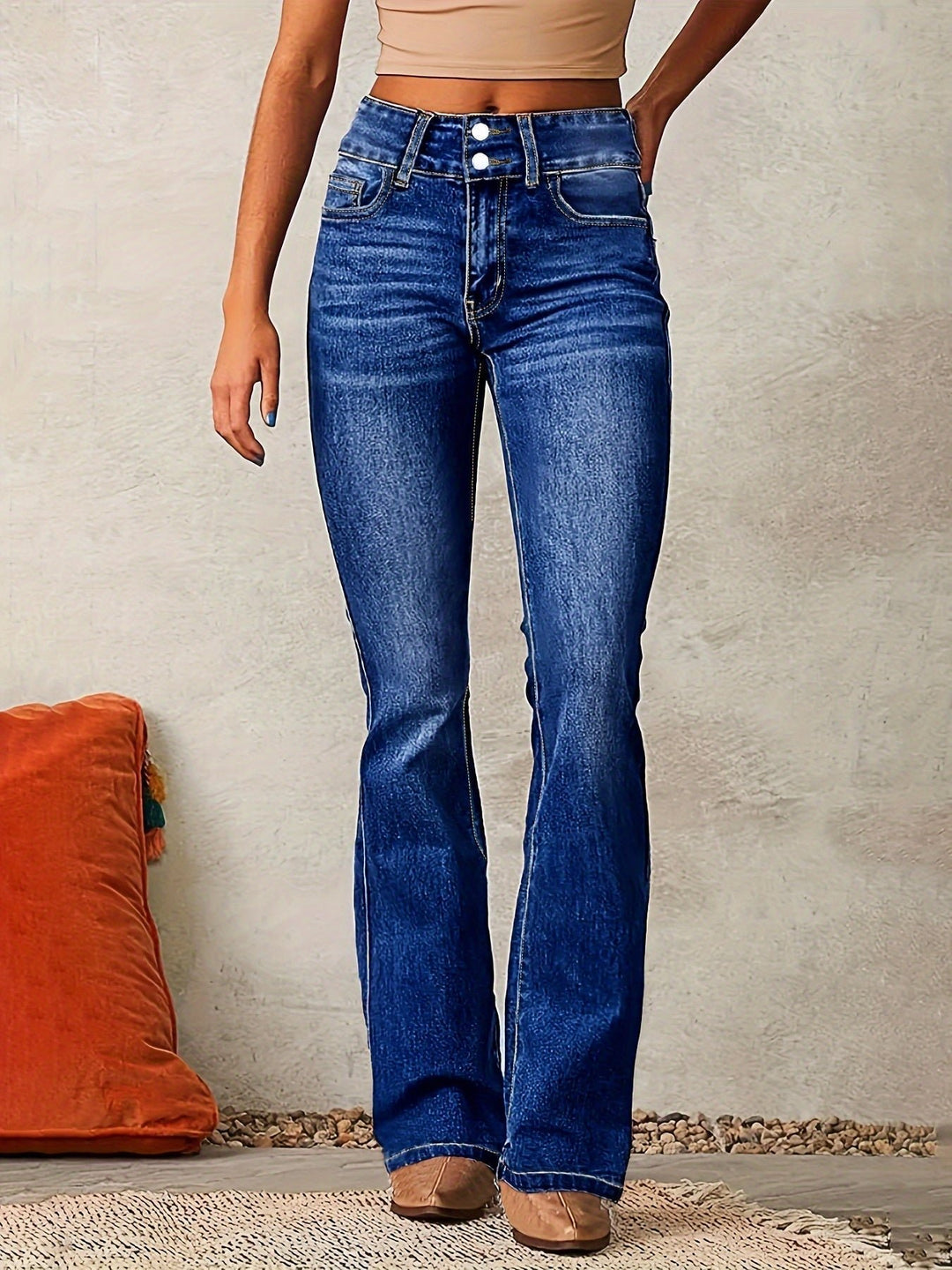 Damen High Waist Bootcut Jeans Stretch Denim - Navy