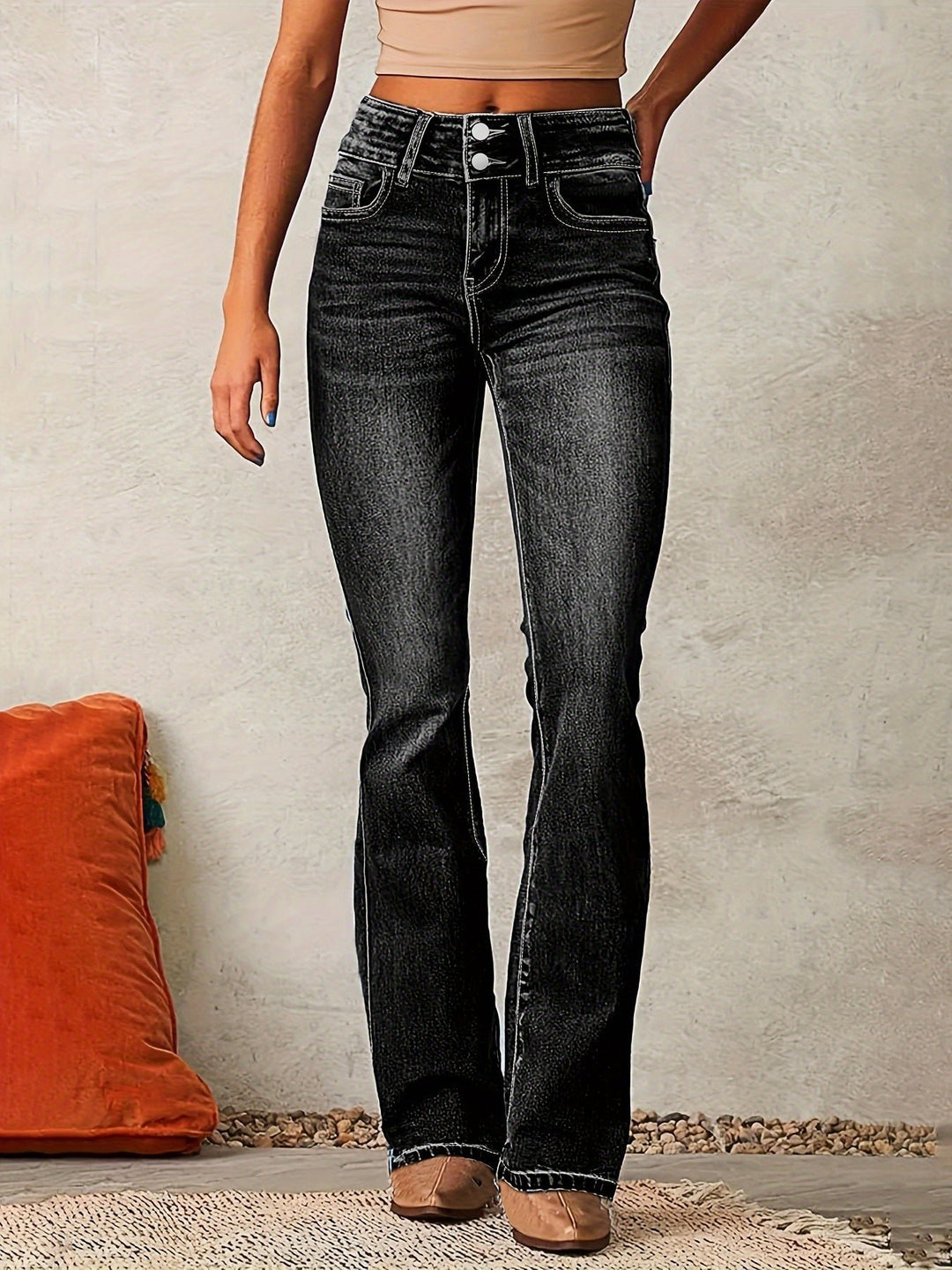 Damen High Waist Bootcut Jeans Stretch Denim - Black