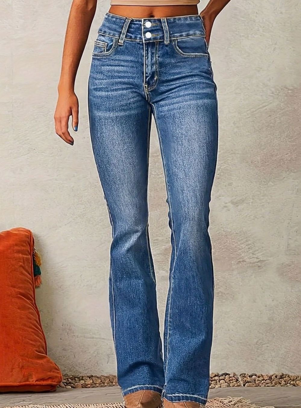 Damen High-Waist Bootcut-Jeans weitem Bein ausgestelltem Schnitt - Meeresblau