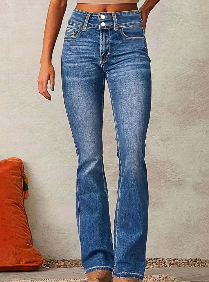 Damen High-Waist Bootcut-Jeans weitem Bein ausgestelltem Schnitt - Meeresblau