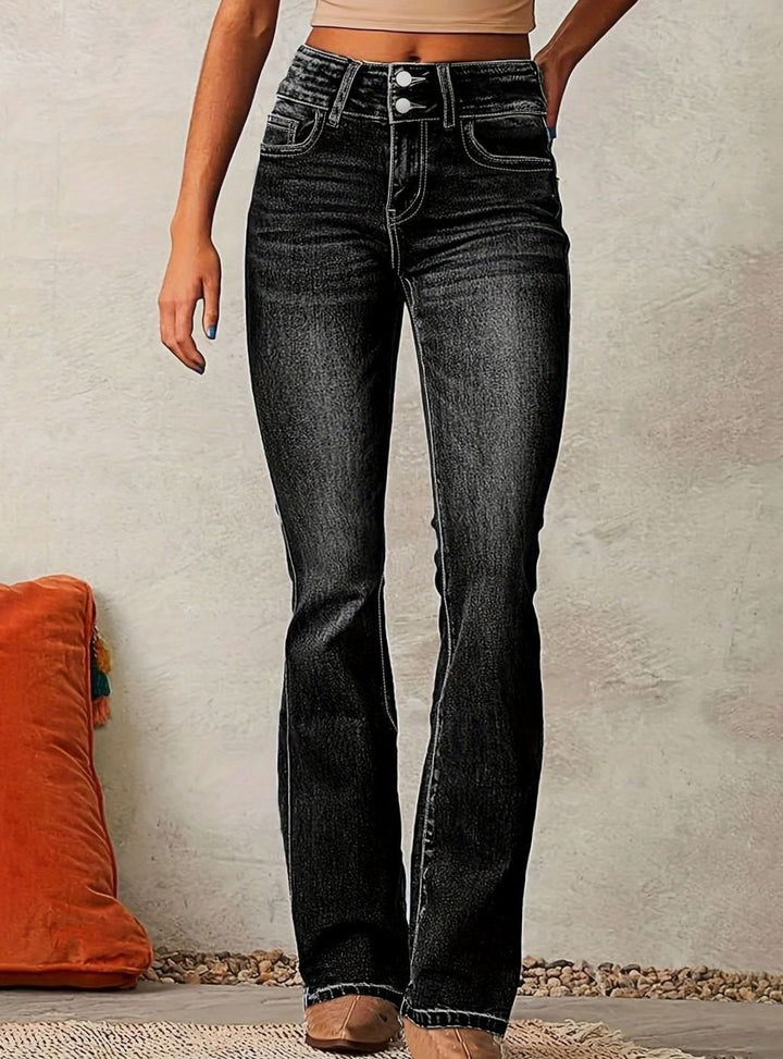 Damen High-Waist Bootcut-Jeans weitem Bein ausgestelltem Schnitt - Schwarz