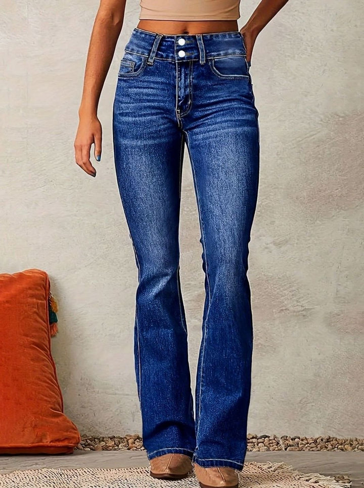 Damen High-Waist Bootcut-Jeans weitem Bein ausgestelltem Schnitt - Dunkelblau