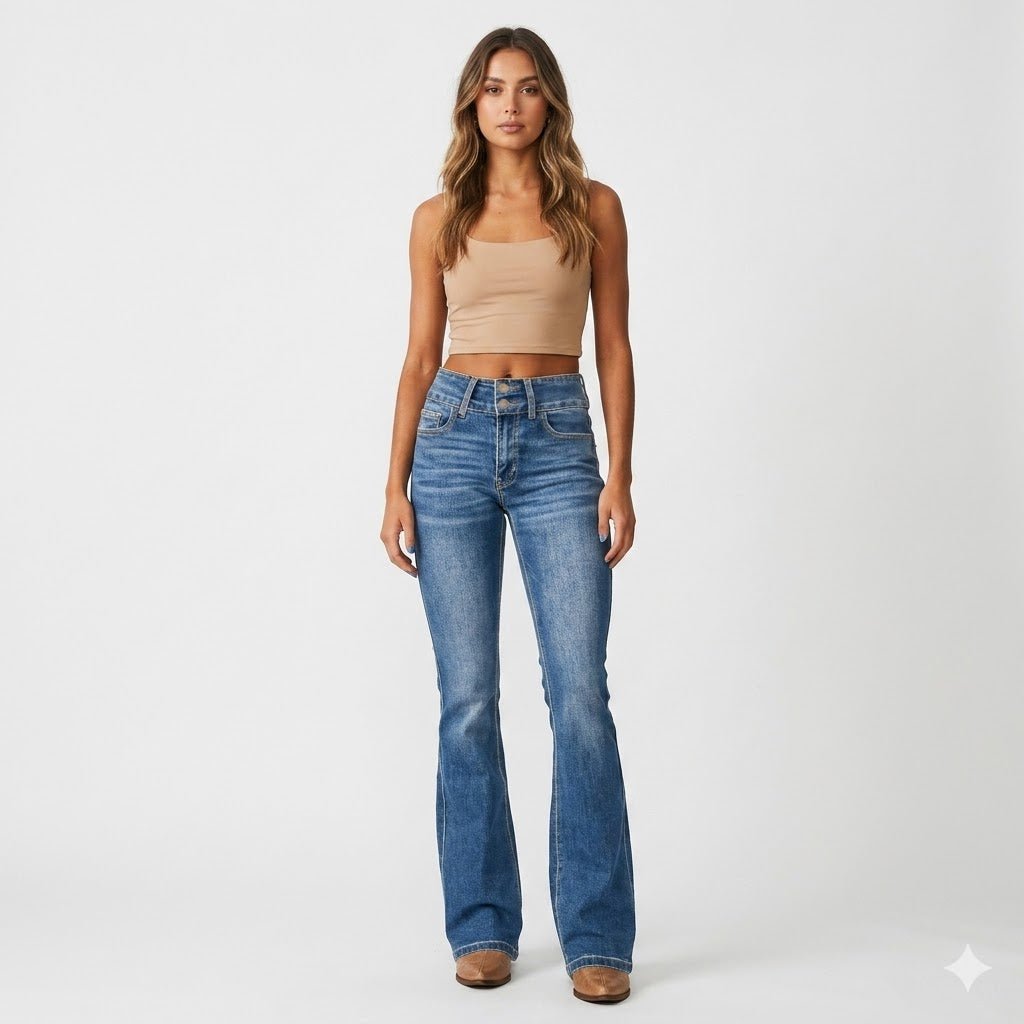Damen High-Waist Flared-Jeans figurformende Schlaghose - Blue