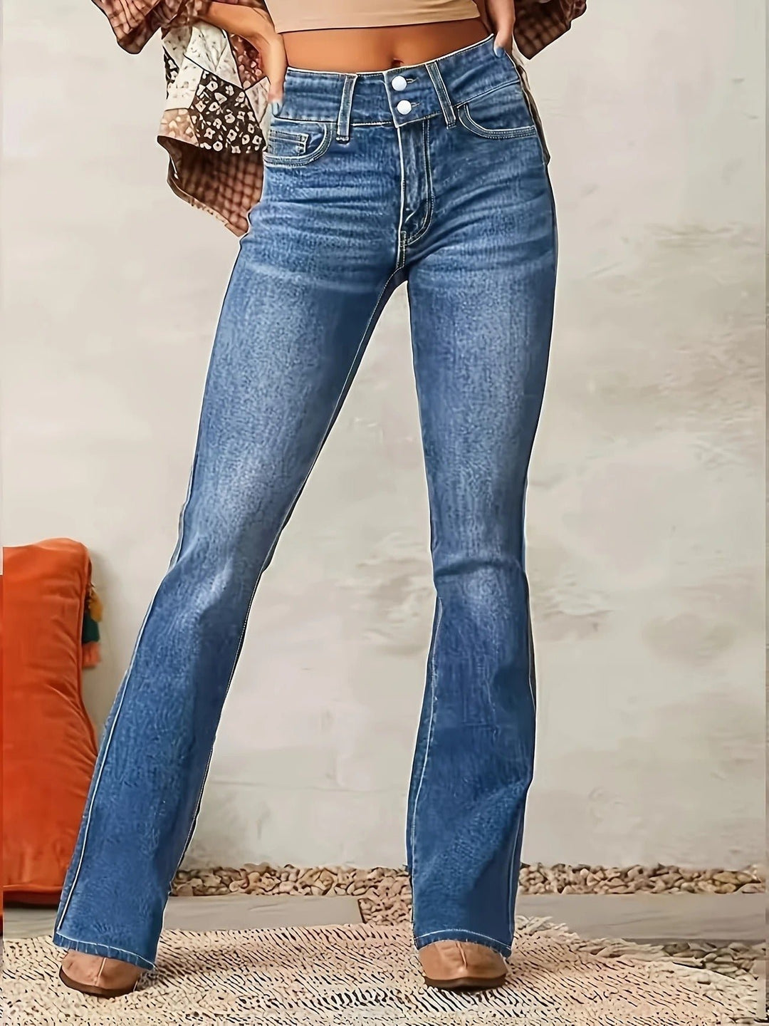 Damen High-Waist Flared-Jeans figurformende Schlaghose