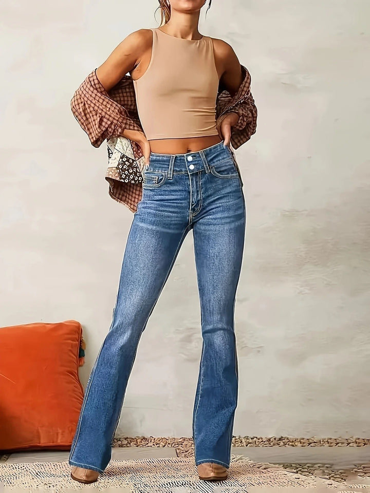 Damen High-Waist Flared-Jeans figurformende Schlaghose