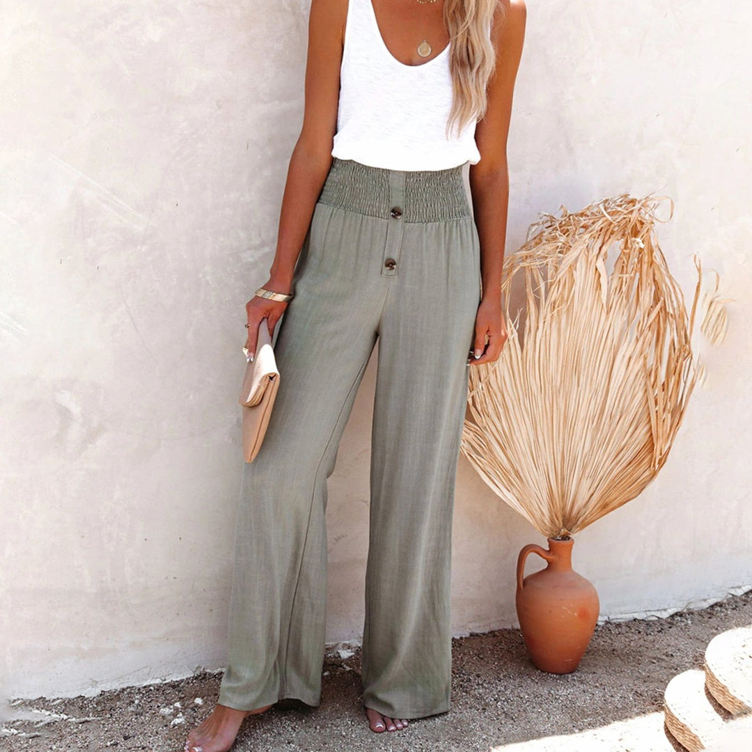 Damen High-Waist Hose mit weitem Bein Gesmoktem Bund - Graugrün