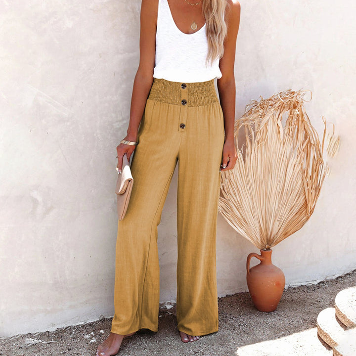 Damen High-Waist Hose mit weitem Bein Gesmoktem Bund - Khaki