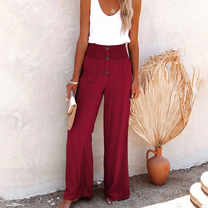 Damen High-Waist Hose mit weitem Bein Gesmoktem Bund - Weinrot