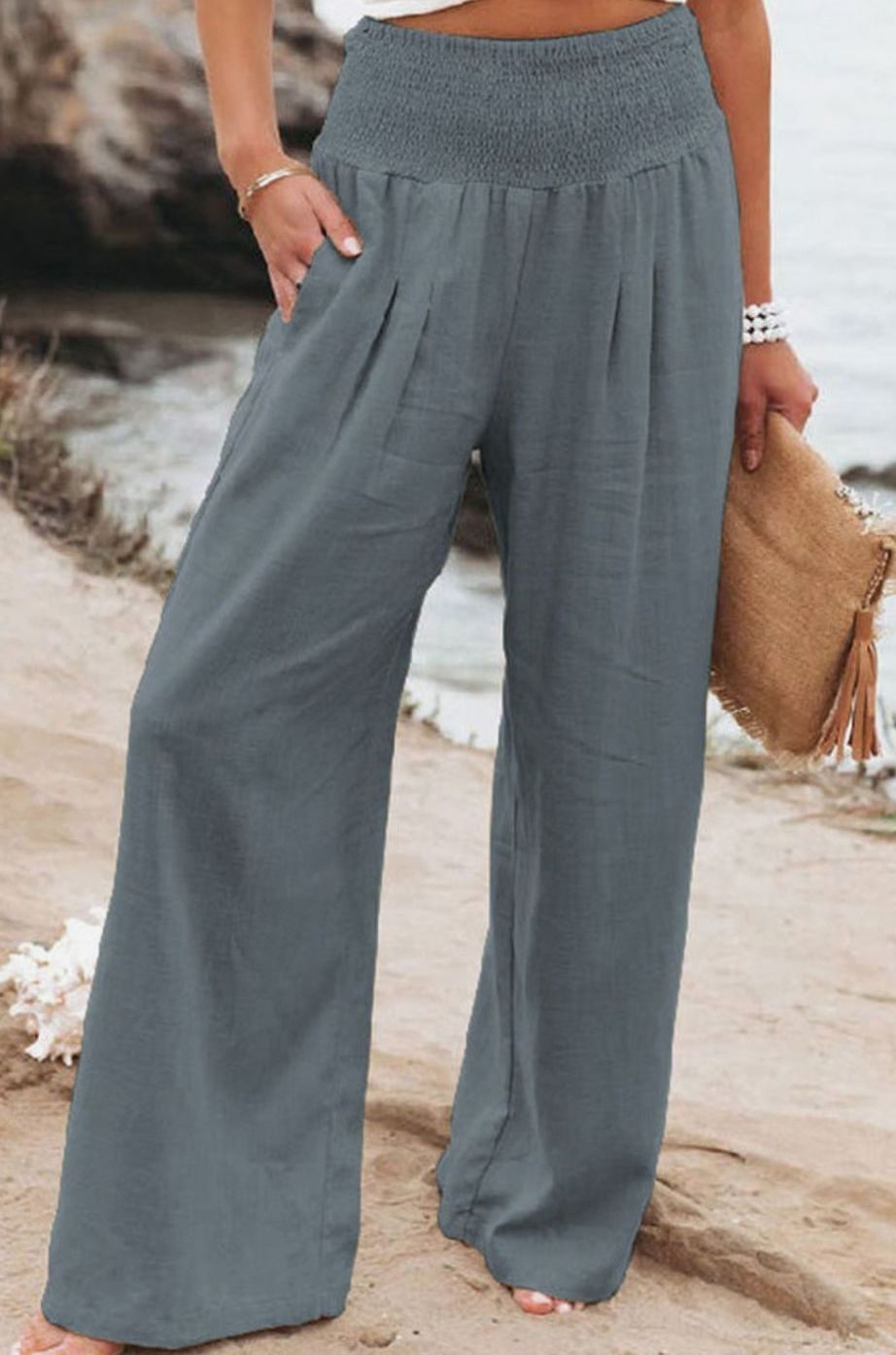 Damen High-Waist Hose mit weitem Bein hoher Bund Leinenoptik - Asch