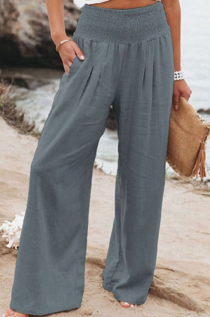 Damen High-Waist Hose mit weitem Bein hoher Bund Leinenoptik - Asch