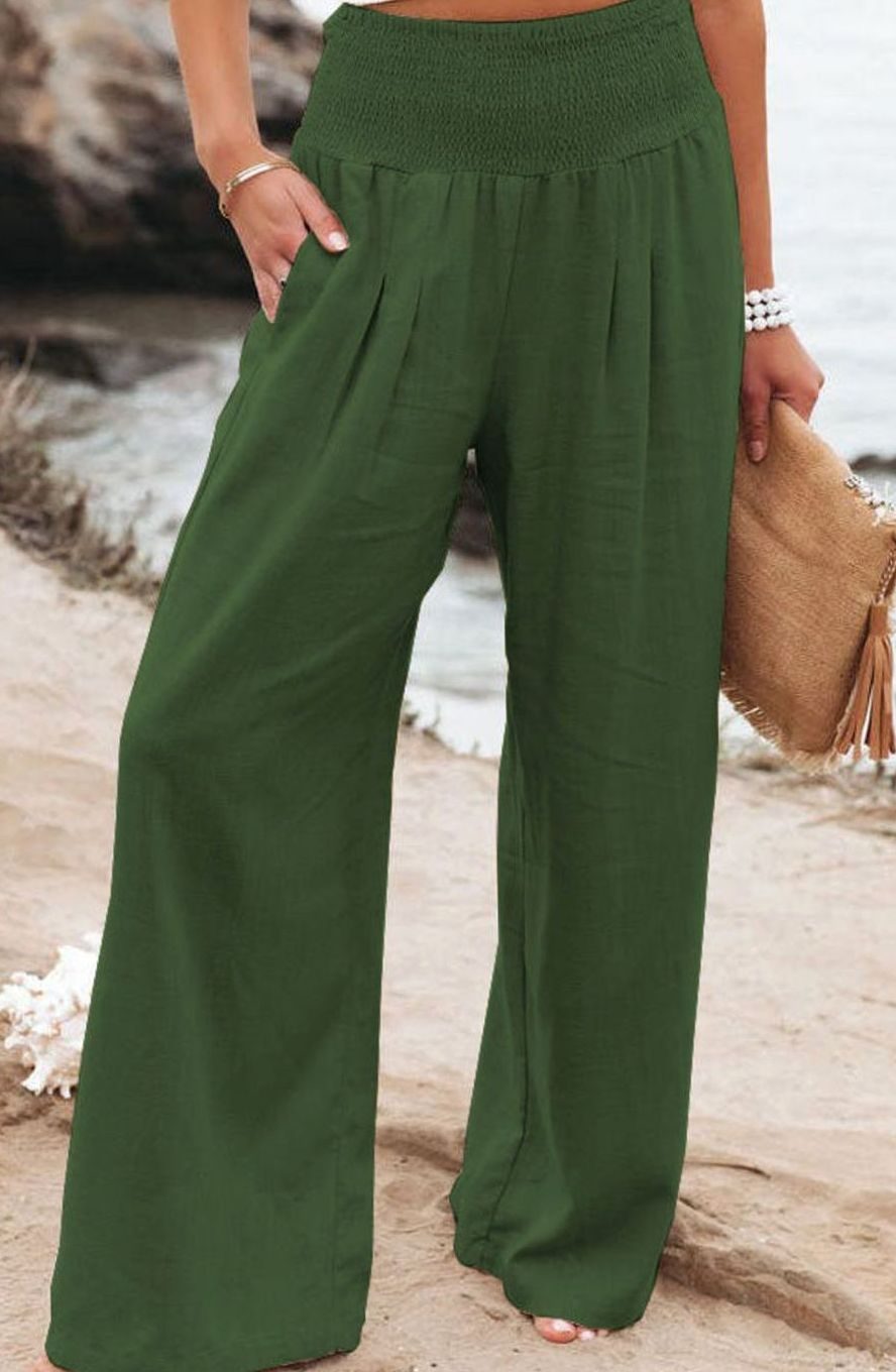 Damen High-Waist Hose mit weitem Bein hoher Bund Leinenoptik - Grün