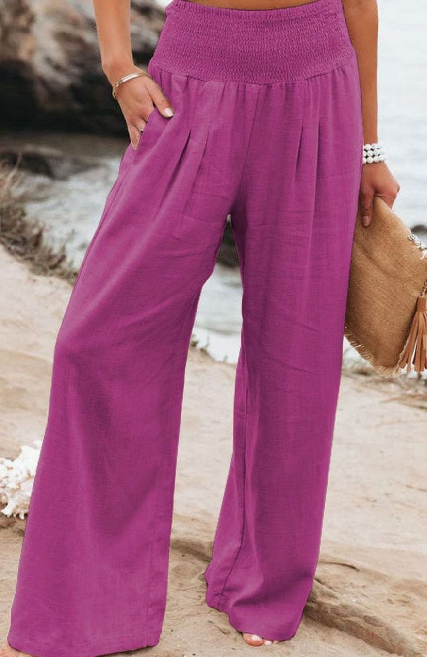 Damen High-Waist Hose mit weitem Bein hoher Bund Leinenoptik - Rosa