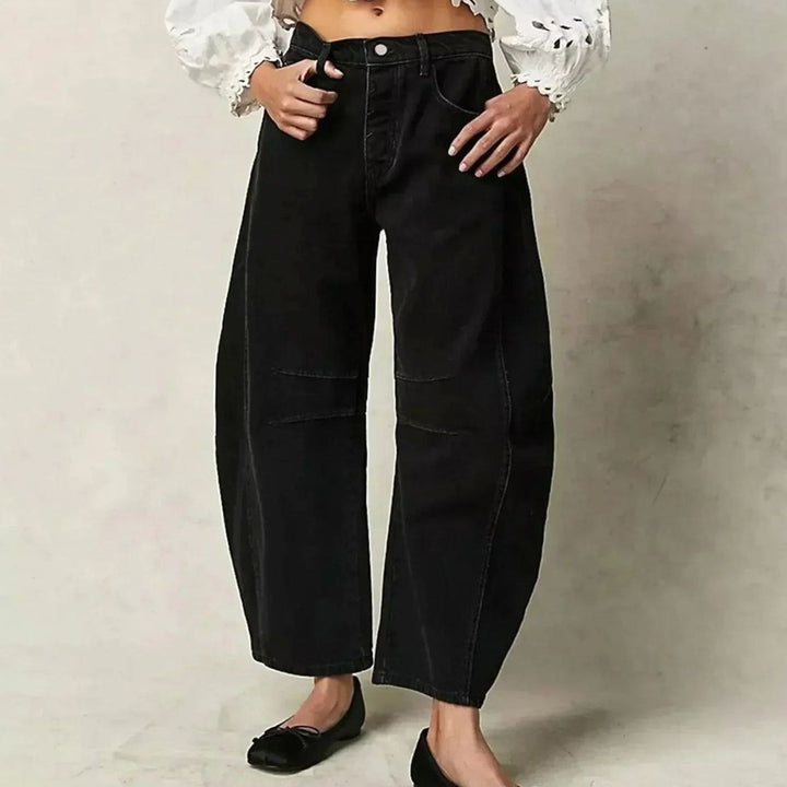 Damen High-Waist-Jeans lockerer Passform weiter Cropped Schnitt - Schwarz