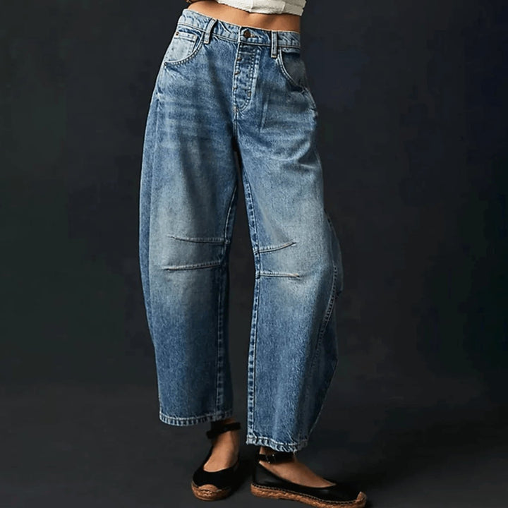 Damen High-Waist-Jeans lockerer Passform weiter Cropped Schnitt - Dunkelblau