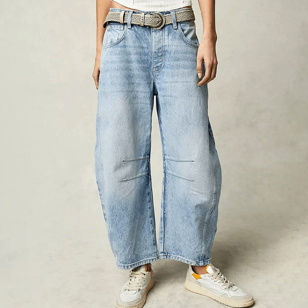 Damen High-Waist-Jeans lockerer Passform weiter Cropped Schnitt - Hellblau