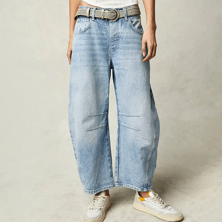 Damen High-Waist-Jeans lockerer Passform weiter Cropped Schnitt - Hellblau