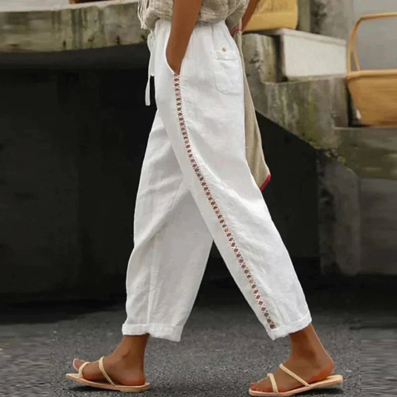 Damen High-Waist Leinen-Look Hose mit Zierknopfstreifen - White