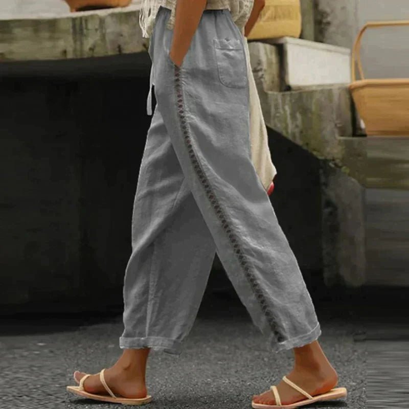 Damen High-Waist Leinen-Look Hose mit Zierknopfstreifen - Gray