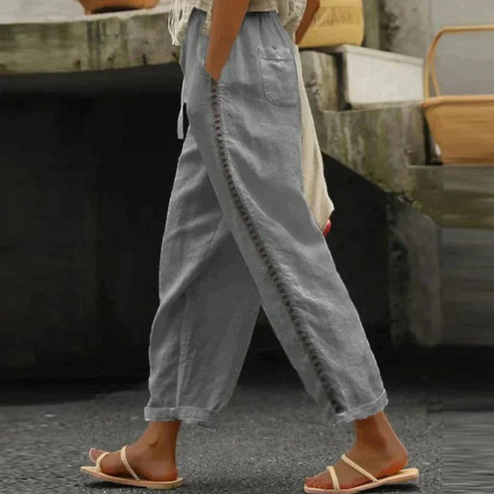 Damen High-Waist Leinen-Look Hose mit Zierknopfstreifen - Gray