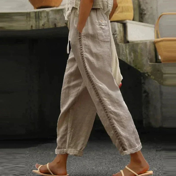 Damen High-Waist Leinen-Look Hose mit Zierknopfstreifen - Khaki