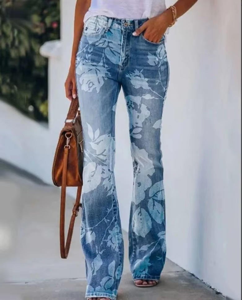 Damen High-Waist Schlaghose mit Blumenmuster - Blue 5