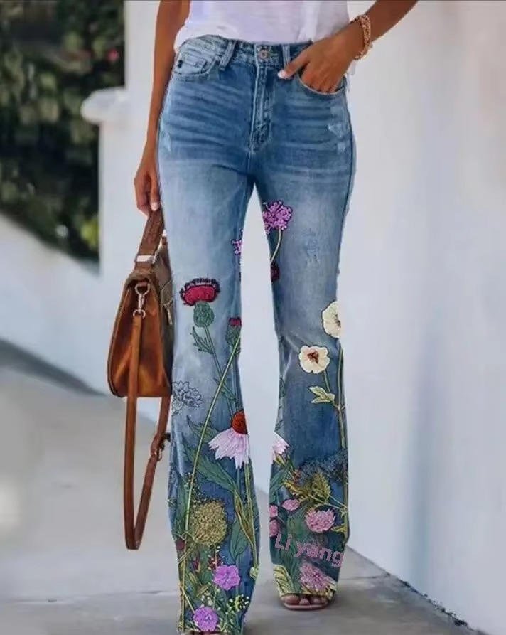 Damen High-Waist Schlaghose mit Blumenmuster - Blue 6
