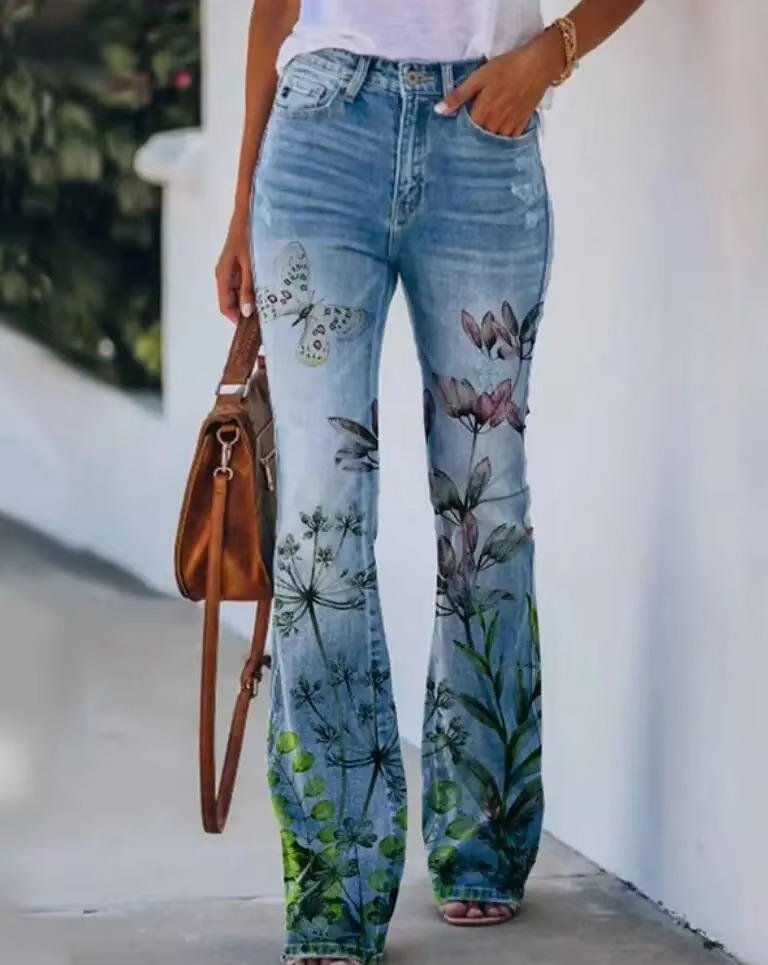 Damen High-Waist Schlaghose mit Blumenmuster - Blue 7