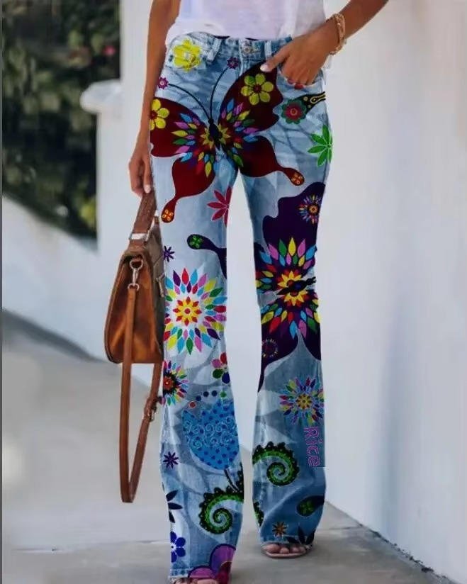 Damen High-Waist Schlaghose mit Blumenmuster - Blue 8