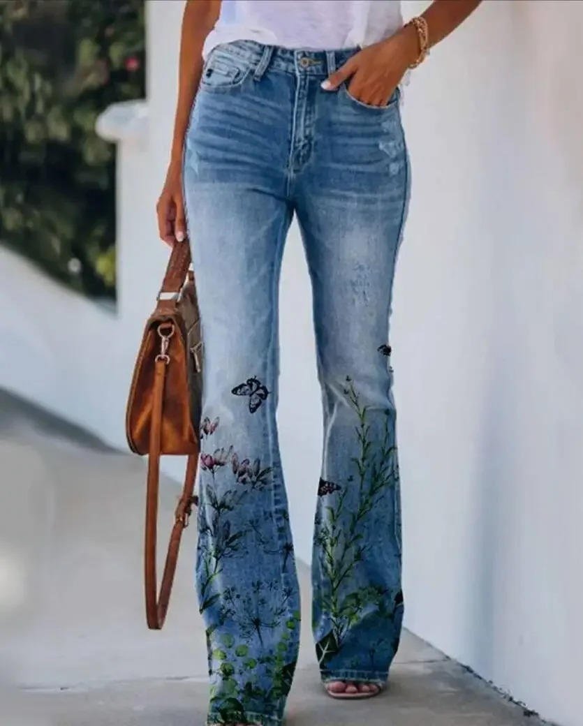 Damen High-Waist Schlaghose mit Blumenmuster - Blue 1