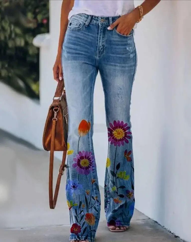 Damen High-Waist Schlaghose mit Blumenmuster - Blue 2