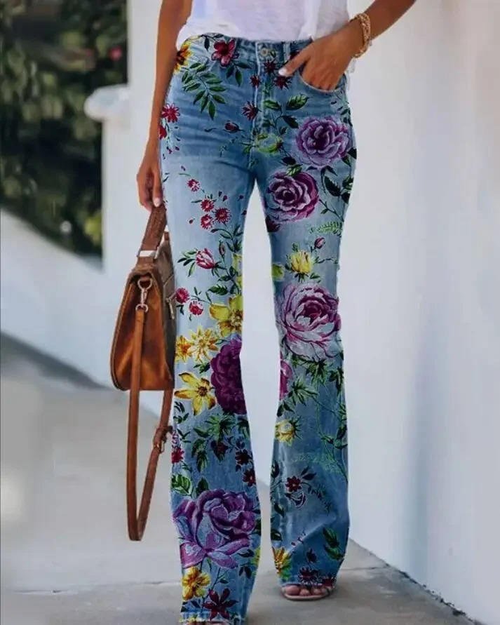 Damen High-Waist Schlaghose mit Blumenmuster - Blue 3
