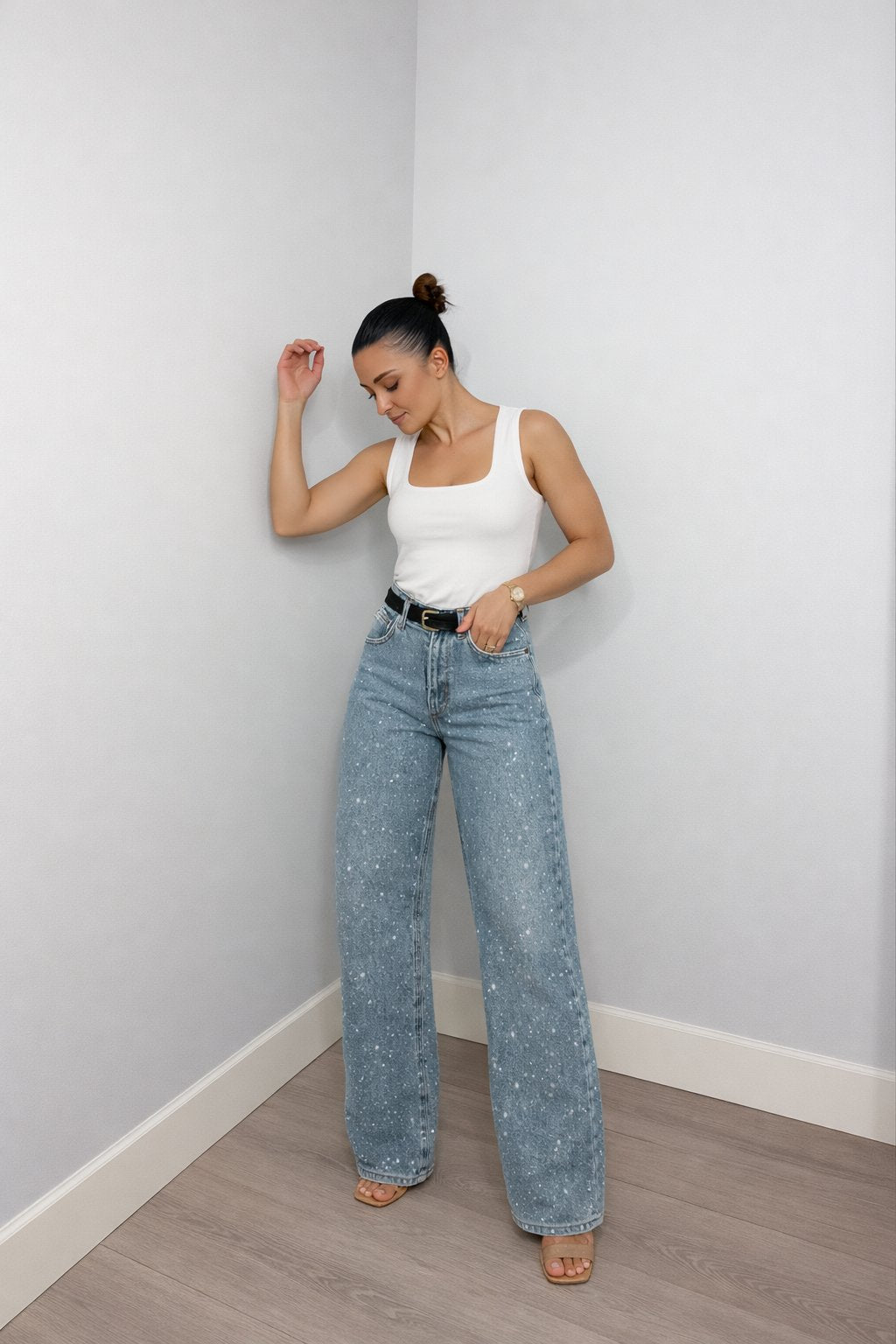 Damen High-Waist Straight-Leg Glitzer-Jeans in Hellblau