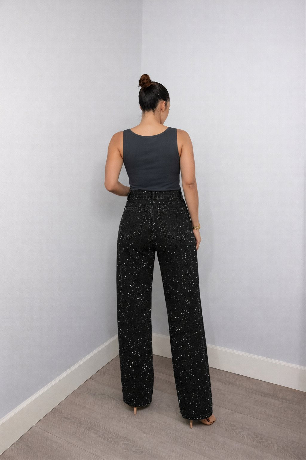 Damen High-Waist Straight-Leg Glitzer-Jeans in Hellblau