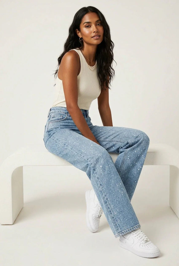 Damen High-Waist Straight-Leg Glitzer-Jeans in Hellblau - Blau