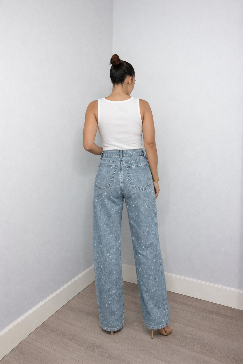 Damen High-Waist Straight-Leg Glitzer-Jeans in Hellblau