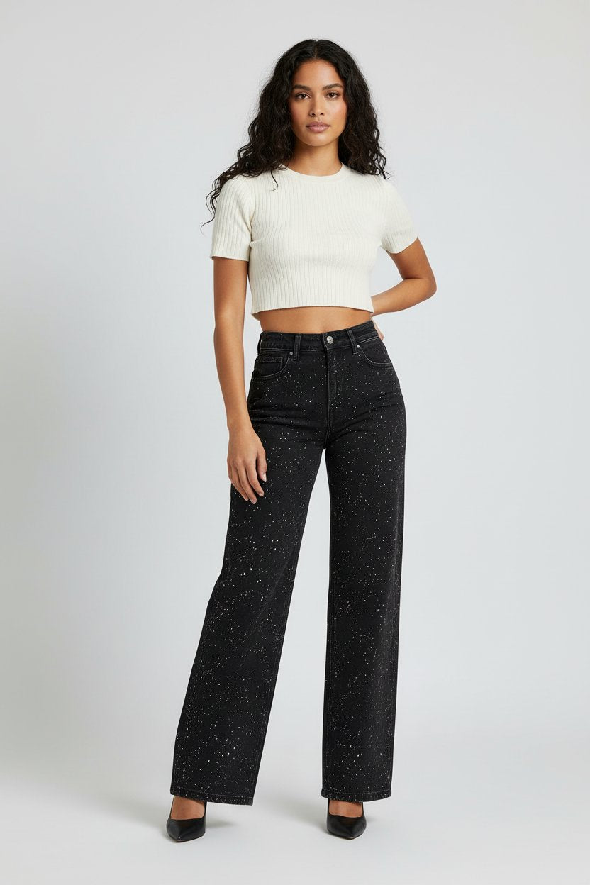 Damen High-Waist Straight-Leg Glitzer-Jeans in Hellblau - Schwarz