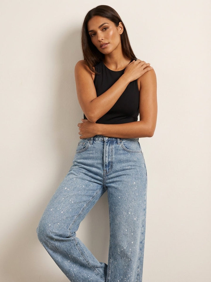 Damen High-Waist Straight-Leg Glitzer-Jeans in Hellblau