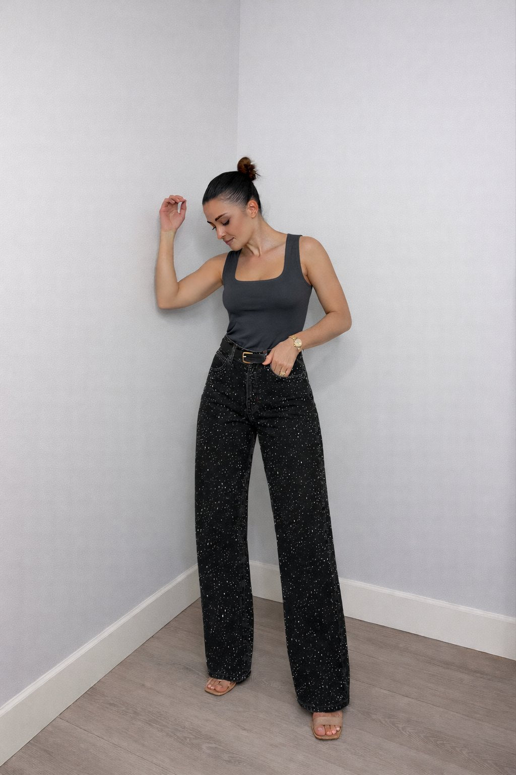 Damen High-Waist Straight-Leg Glitzer-Jeans in Hellblau