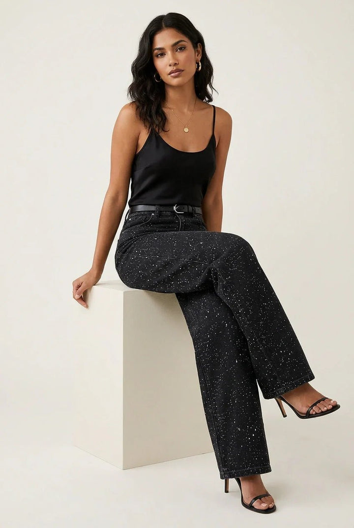 Damen High-Waist Straight-Leg Glitzer-Jeans in Hellblau