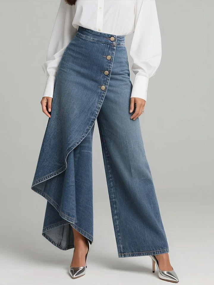Damen High-Waist Weitbein Jeans mit asymmetrischem Rock - Blau