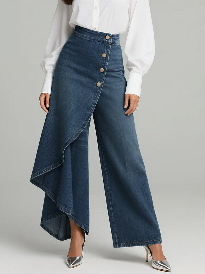 Damen High-Waist Weitbein Jeans mit asymmetrischem Rock - Marineblau