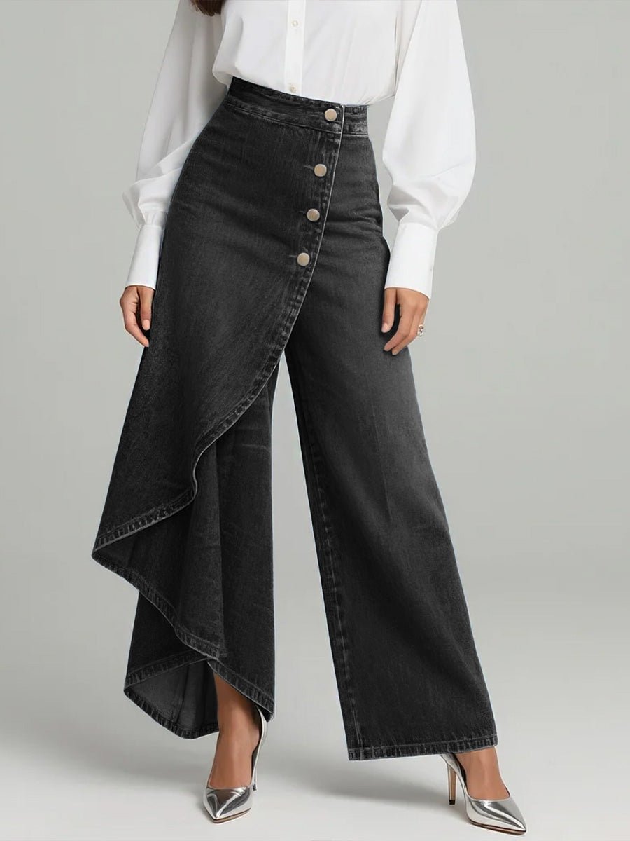 Damen High-Waist Weitbein Jeans mit asymmetrischem Rock - Schwarz