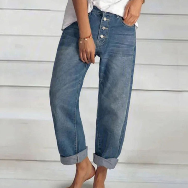 Damen High-Waist Weitbeinige Jeans mit Knopfleiste