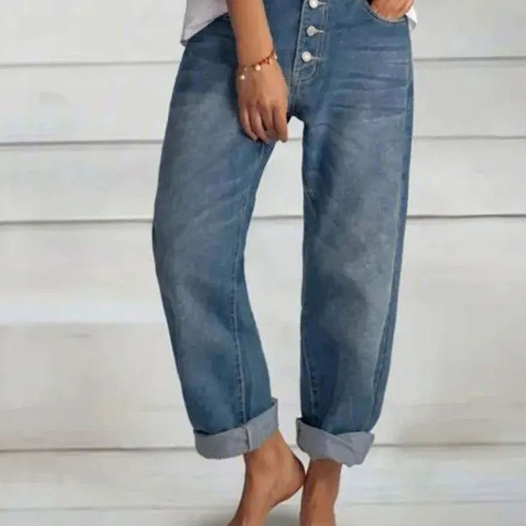 Damen High-Waist Weitbeinige Jeans mit Knopfleiste