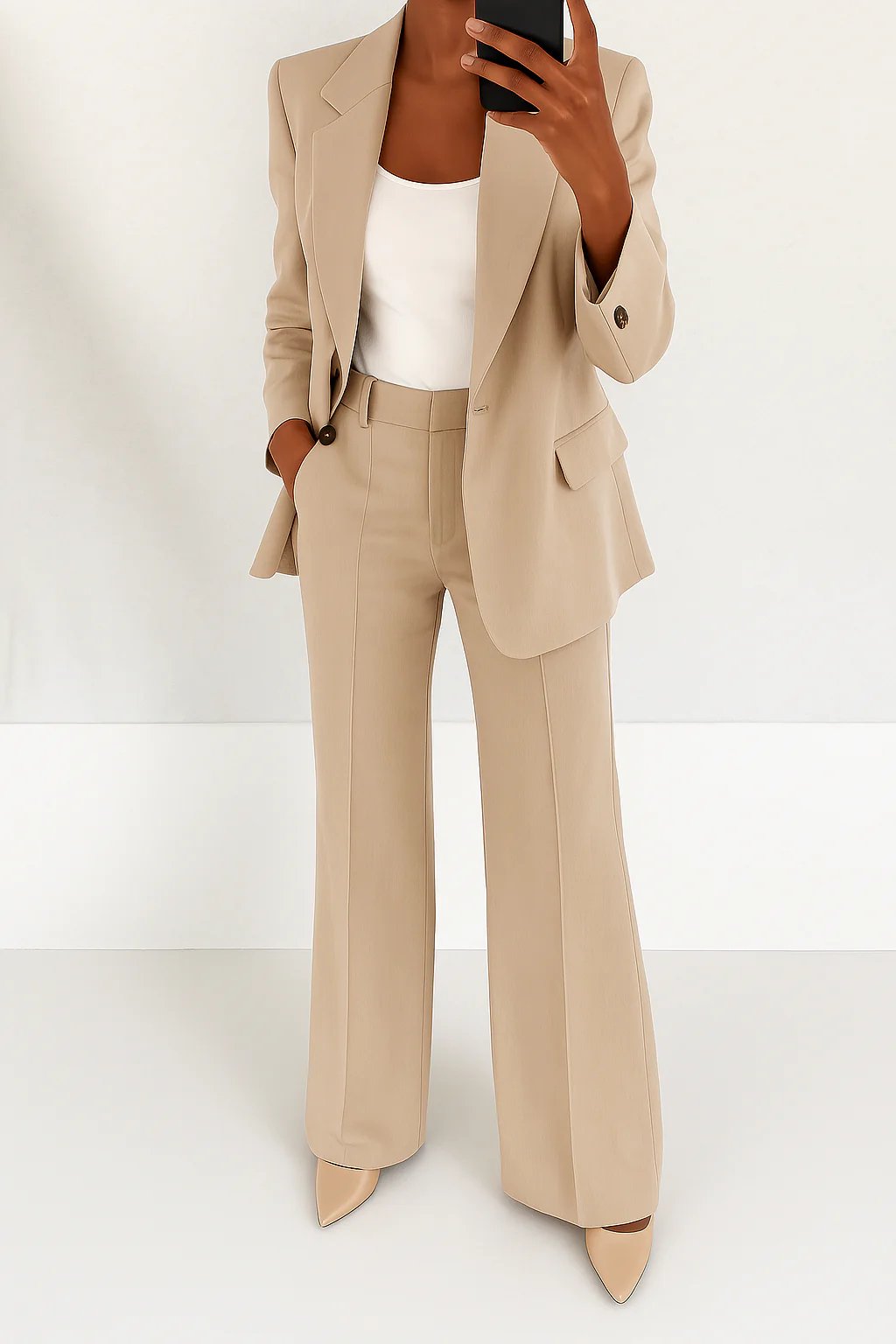 Damen High-Waist Wide-Leg Blazer-Anzug-Set - Beige