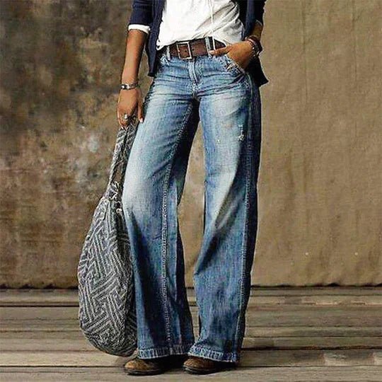 Damen Highwaist Weites Bein Retro Jeans Hose - Light blue